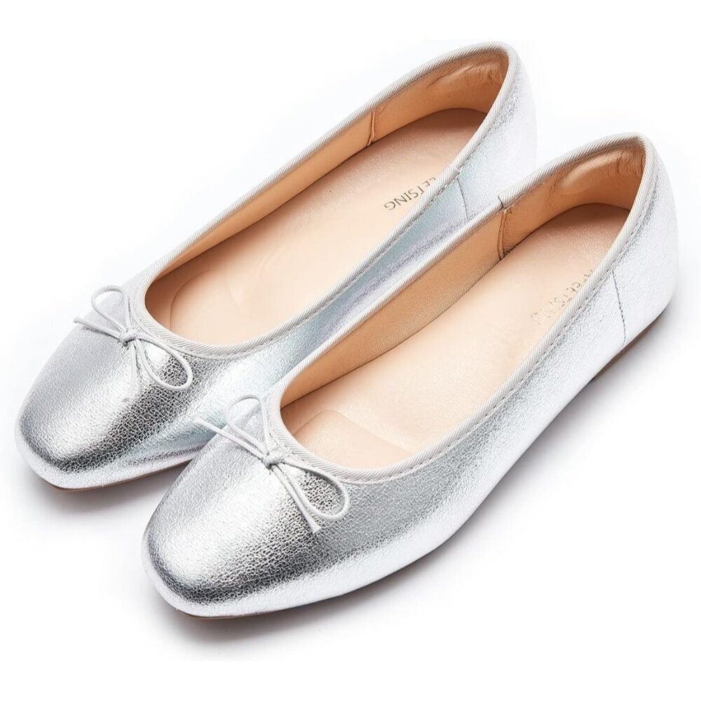 Women's Silver Polyurethane Closed Round Toe Comfortable Bow Ballet Flats Shoes